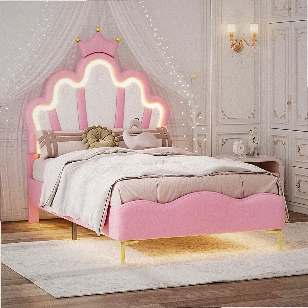 Polsterbett Kinderbett 90x200 cm Einzelbett Bett Mädchenbett mit LED Kopfteil DE