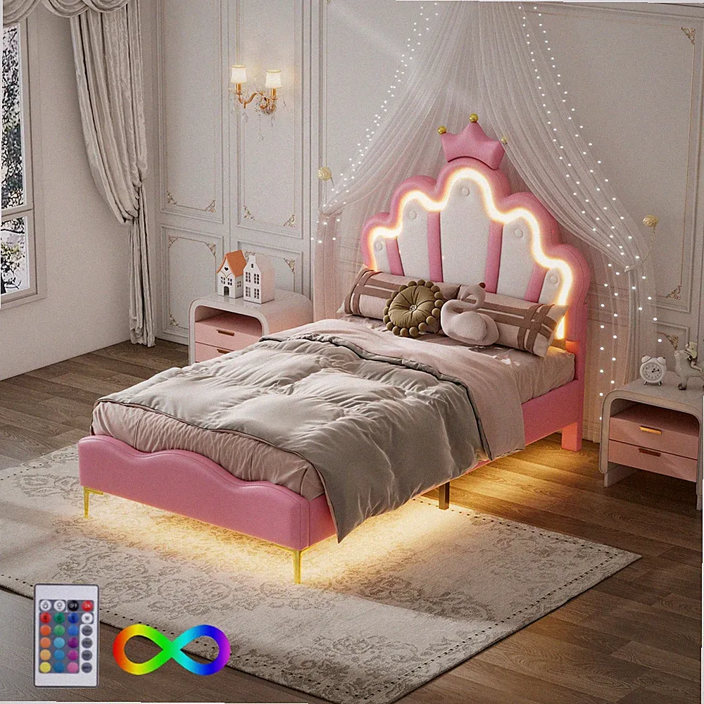 Polsterbett Kinderbett 90x200 cm mit LED,Lattenrost, verstellbarem Kopfteil, PU