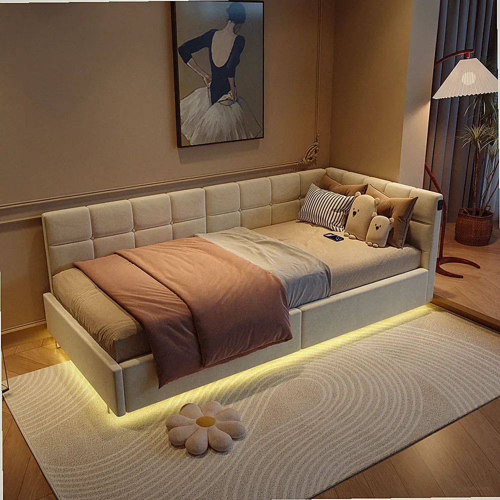 Polsterbett Kinderbett 90x200 cm mit LED und USB Schlafsofa Einzelbett Tagesbett