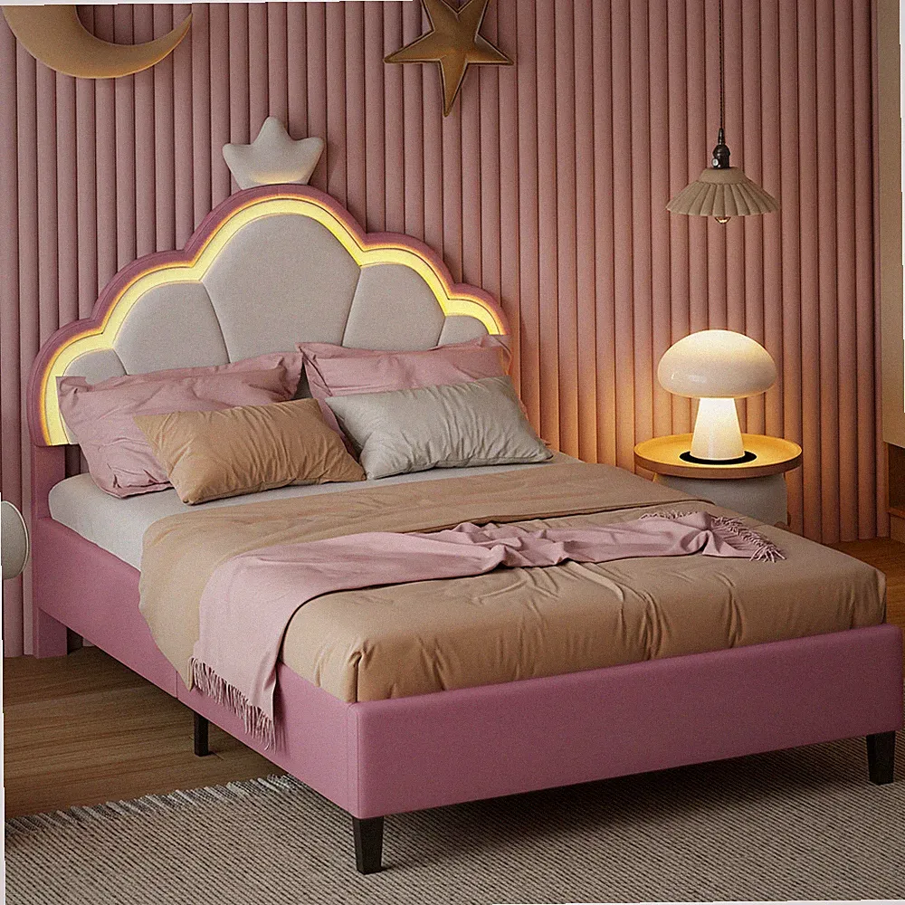 Polsterbett Kinderbett 90x200 Mädchen mit LED Bettgestell Verstellbares Kopfteil