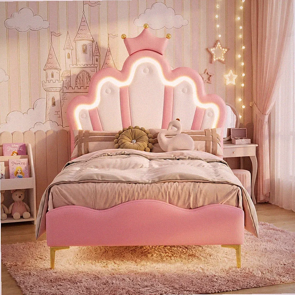 Polsterbett Kinderbett 90x200 mit Lattenrost Bettgestell LED Kopfteil Einzelbett