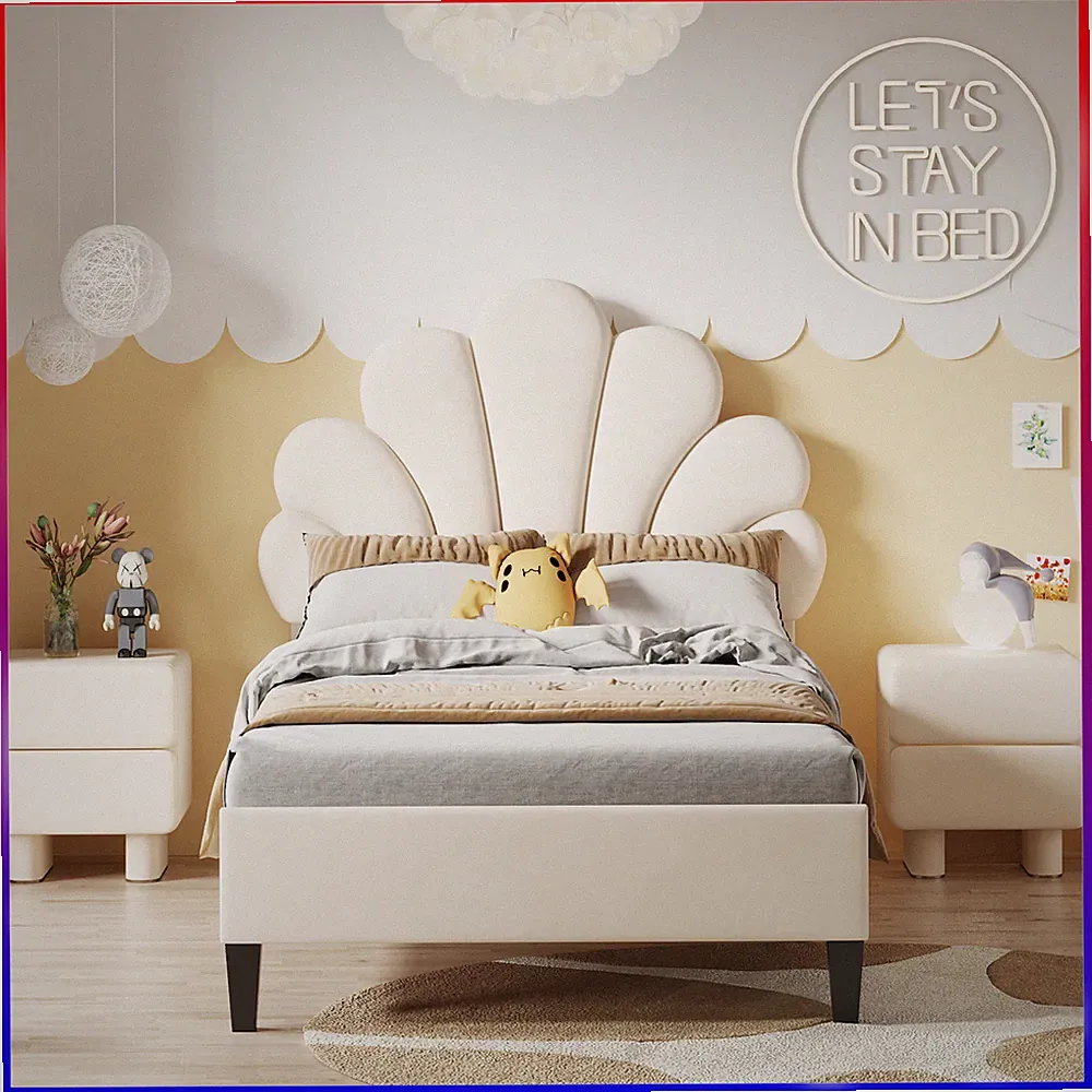 Polsterbett Kinderbett 90x200CM Samt Einzelbett Jugendbett Bettgestell Beige DE