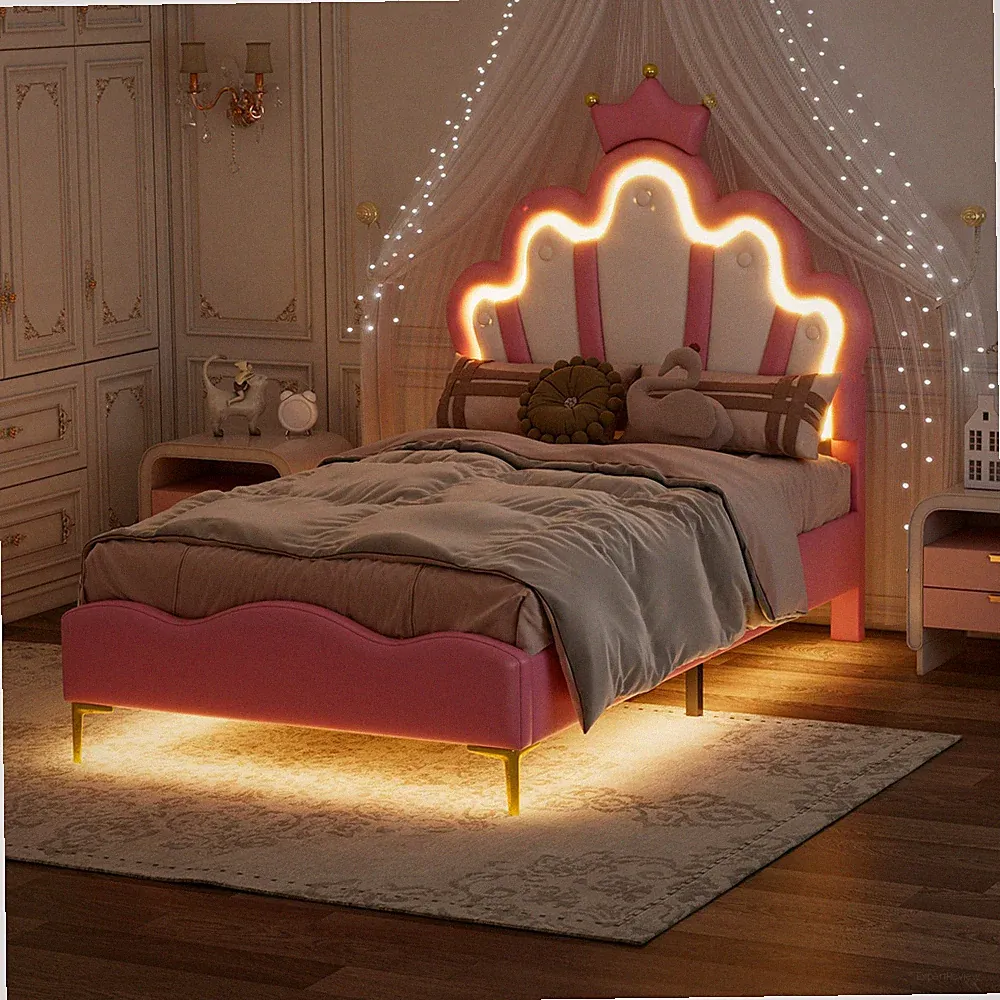 Polsterbett Kinderbett Einzelbett 90x200 cm Mädchenbett Bett mit LED Kopfteil