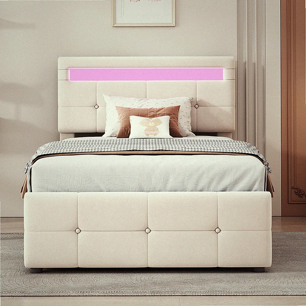 Polsterbett Kinderbett Jugendbett 90x200 Stauraumbett Bettgestell mit LED Beige