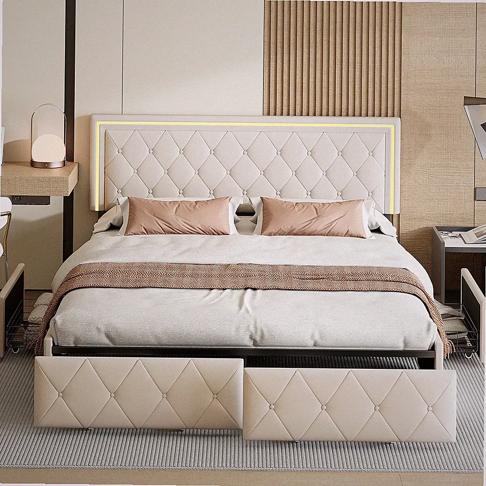 Polsterbett LED Doppelbett 160x200cm Bett mit Kopfteil und 4 Schubladen Stauraum