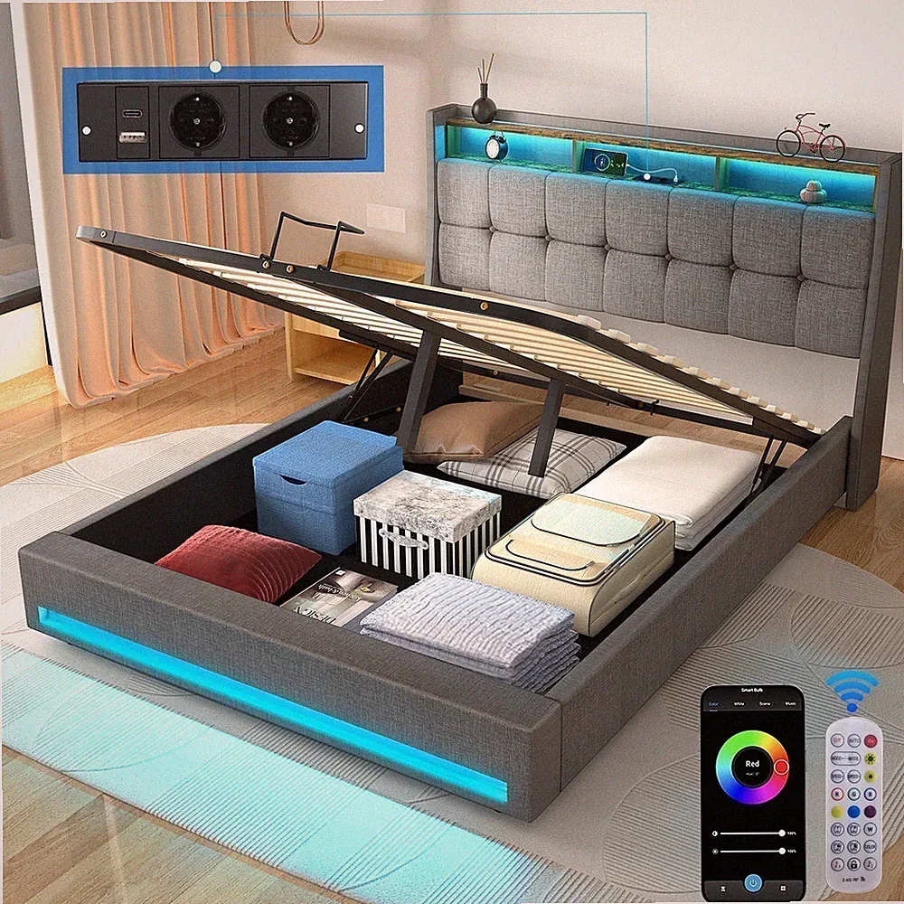 Polsterbett LED Doppelbett mit Ladestation mit Kopfteil Bettgestell Stauraumbett
