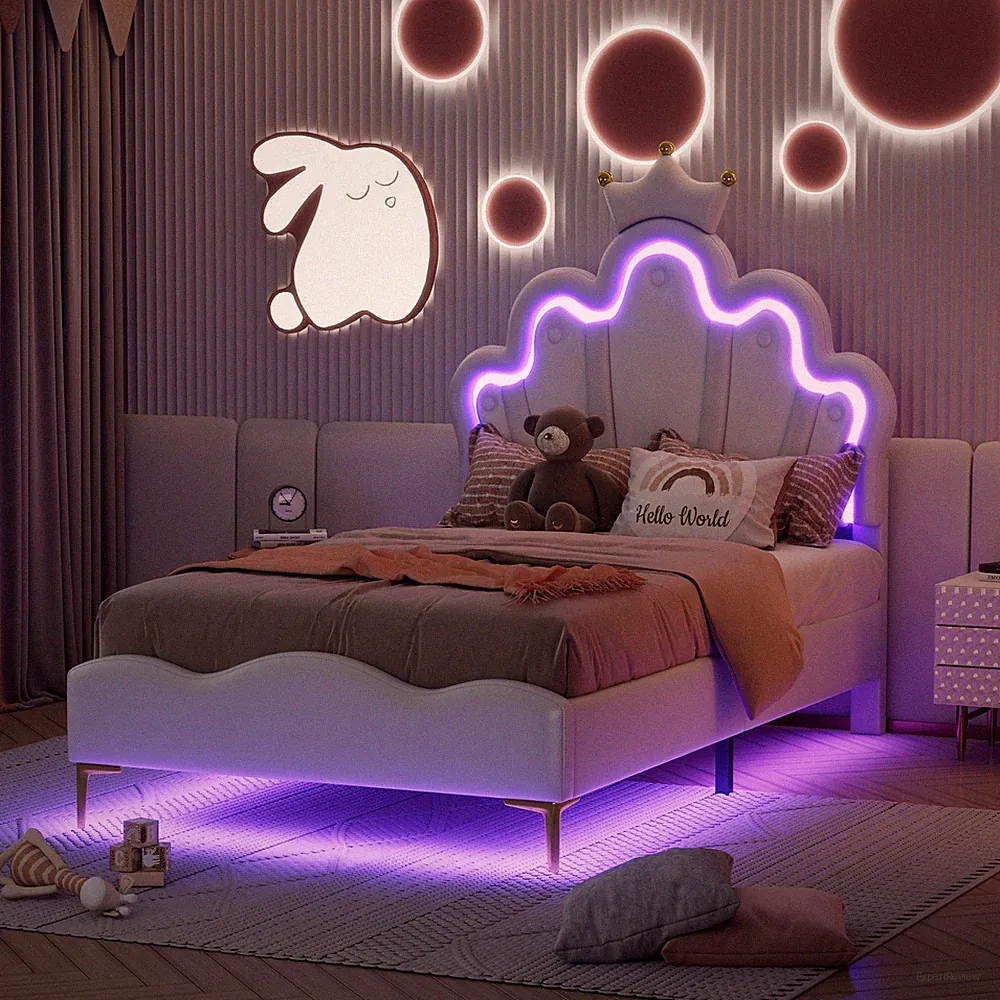 Polsterbett Mädchenbett 90 x 200 cm mit LED Kopfteil PU Einzelbetten Jugendbett