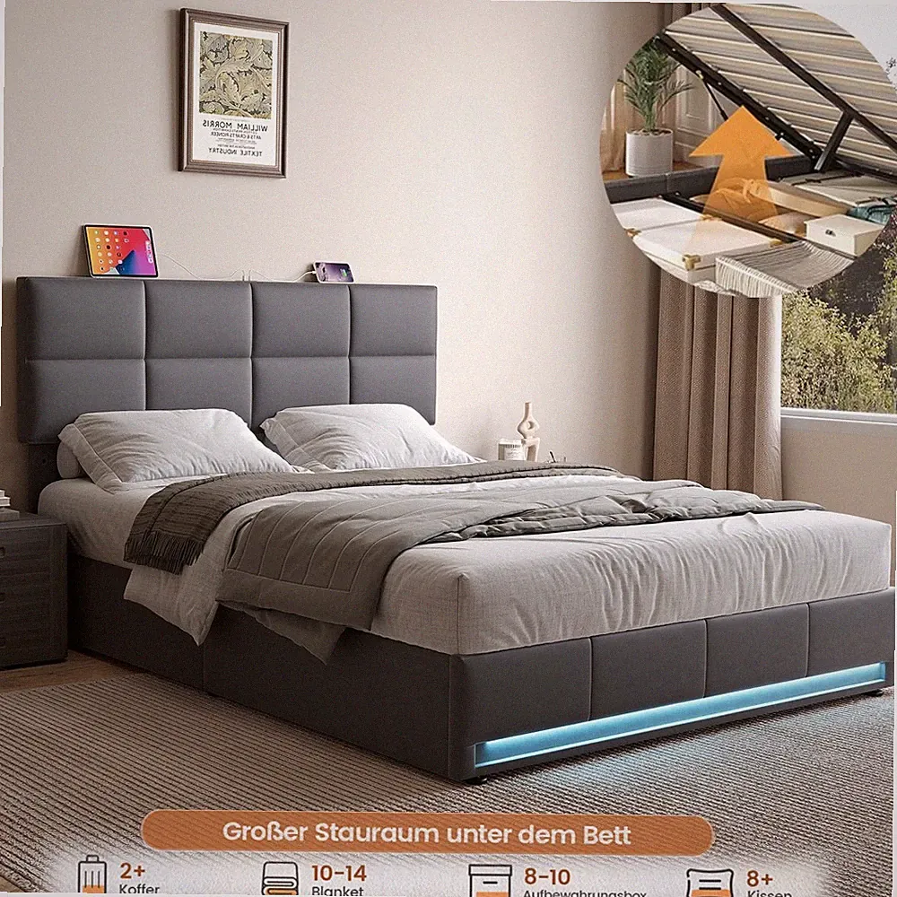 Polsterbett mit LED 160x200cm Doppelbett Stauraumbett Bettgestell Ohne Matratze