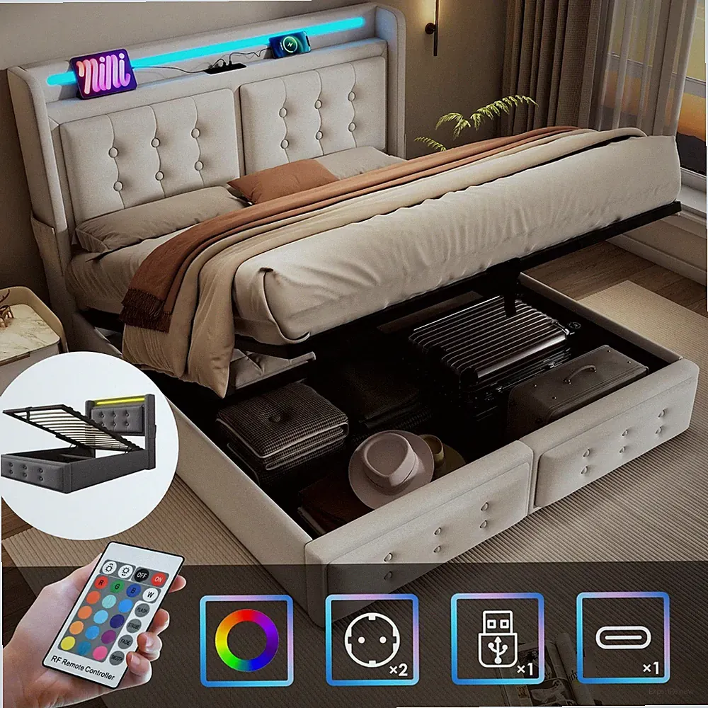 Polsterbett mit LED Kopfteil USB Baumwolle Betten 90x200 140x200 160x200 180x200
