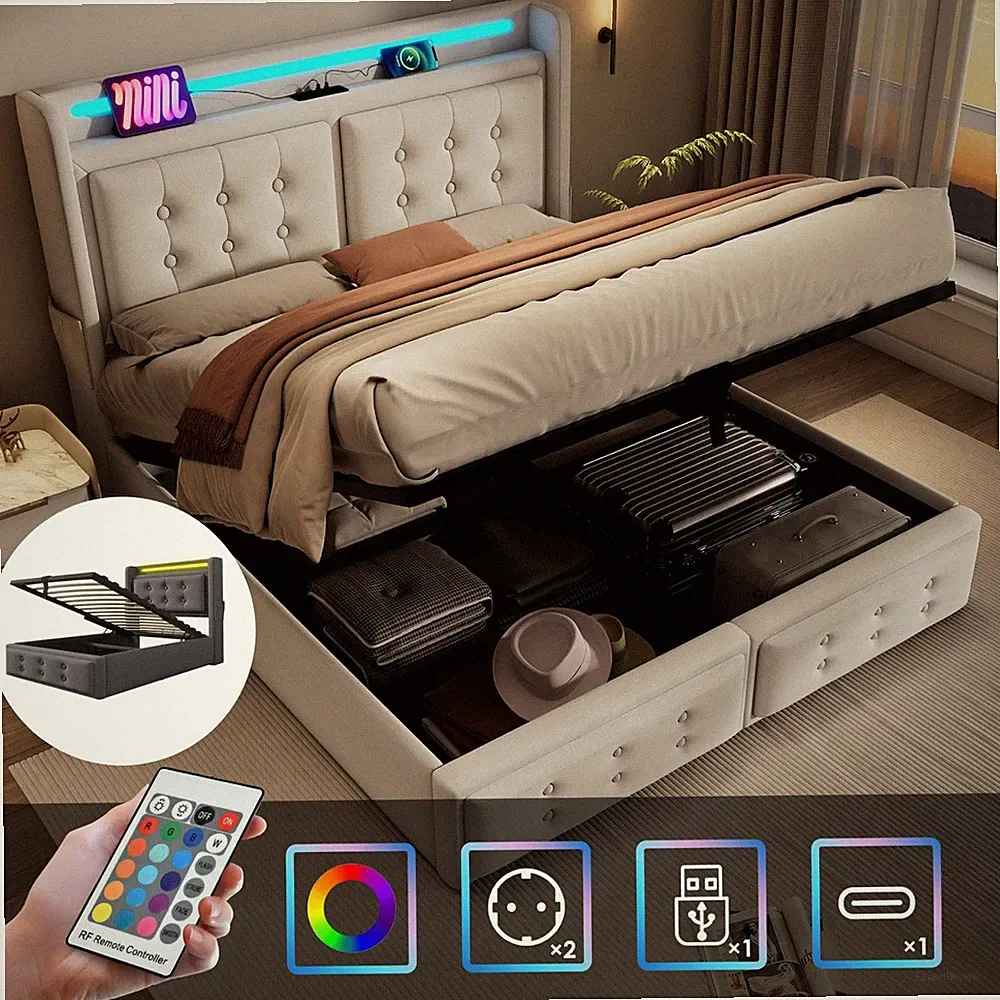 Polsterbett mit LED Kopfteil USB Baumwolle Betten 90x200 140x200 160x200 180x200
