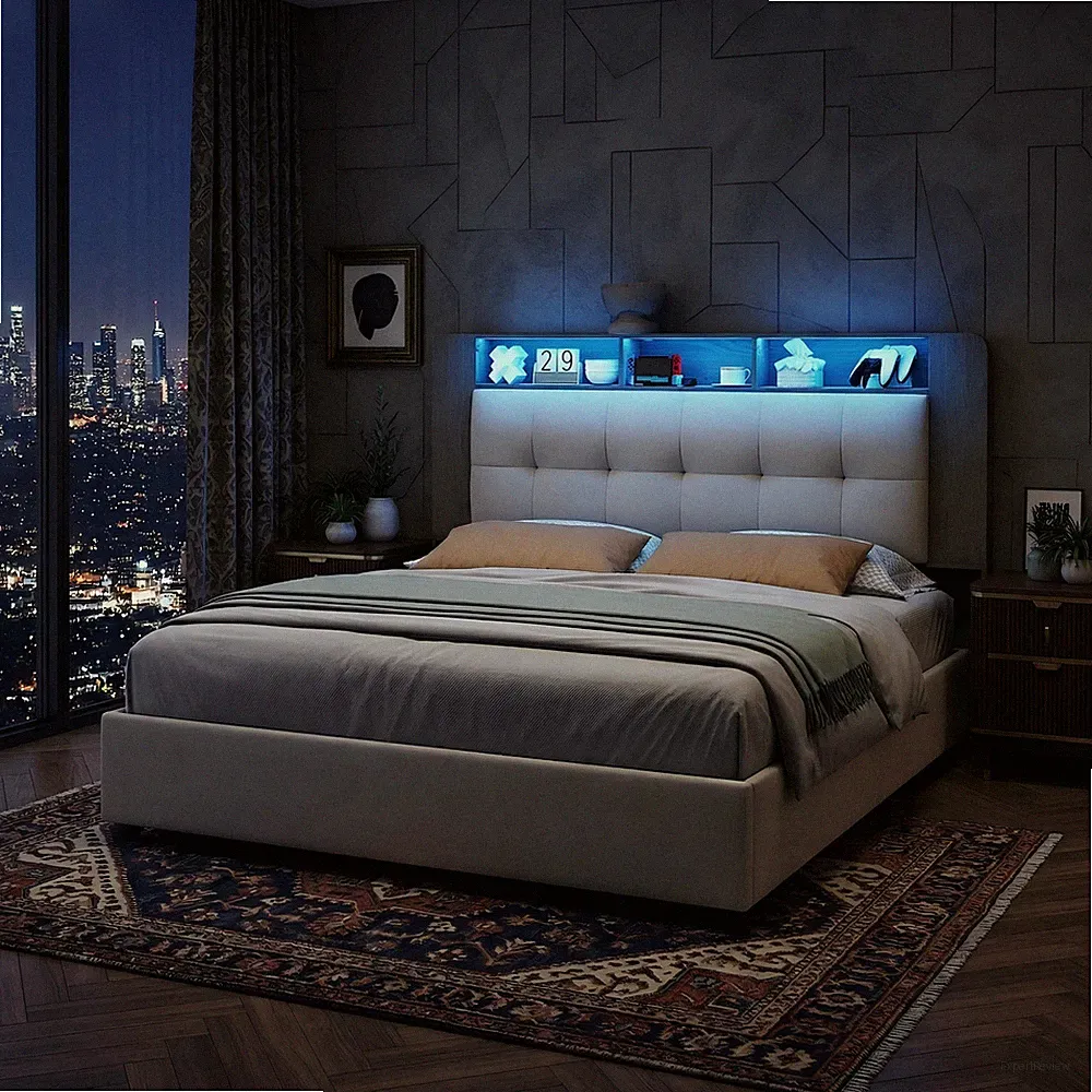 Polsterbett mit LED,Ladestation,Boxspringbett mit Stauraum,Lattenrost 140x200cm