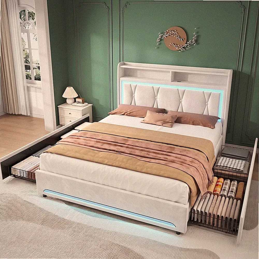 Polsterbett mit Schubladen 140x200 Doppelbett mit LED-Kopfteil USB Ladefunktion