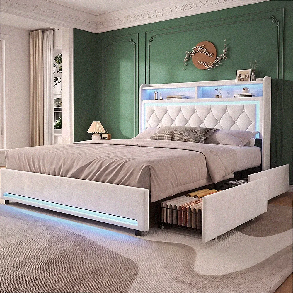Polsterbett mit Schubladen 160x200 Doppelbett mit LED-Kopfteil USB Ladefunktion