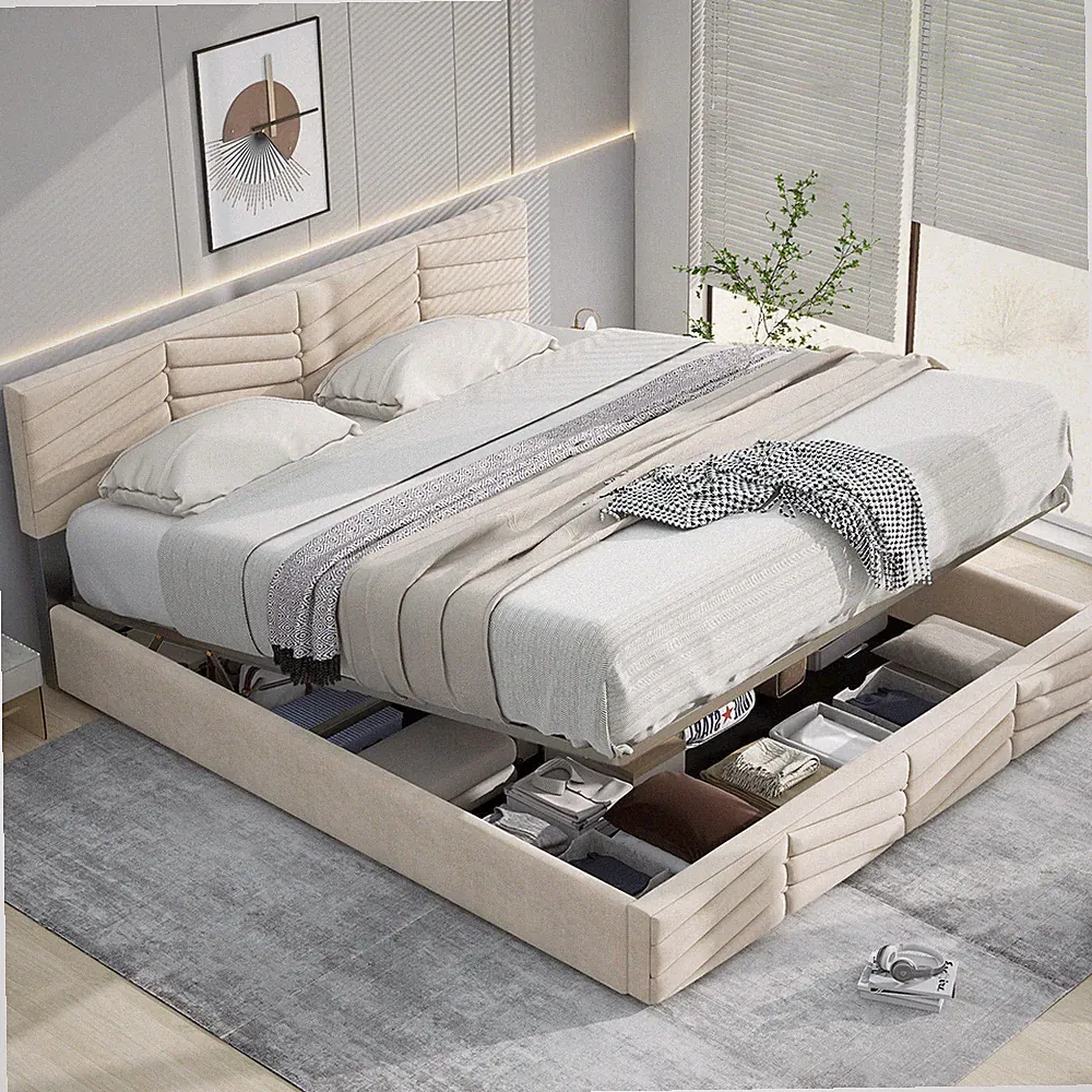 Polsterbett Samt Doppelbett 140x200 Bettrahmen Bettgestell mit Lattenrost Beige