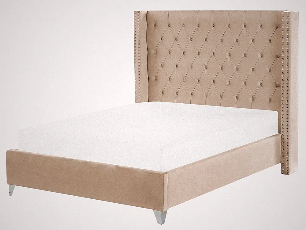 Polsterbett Samtstoff hohes Kopfteil beige mit Lattenrost 140 x 200 cm Lubbon