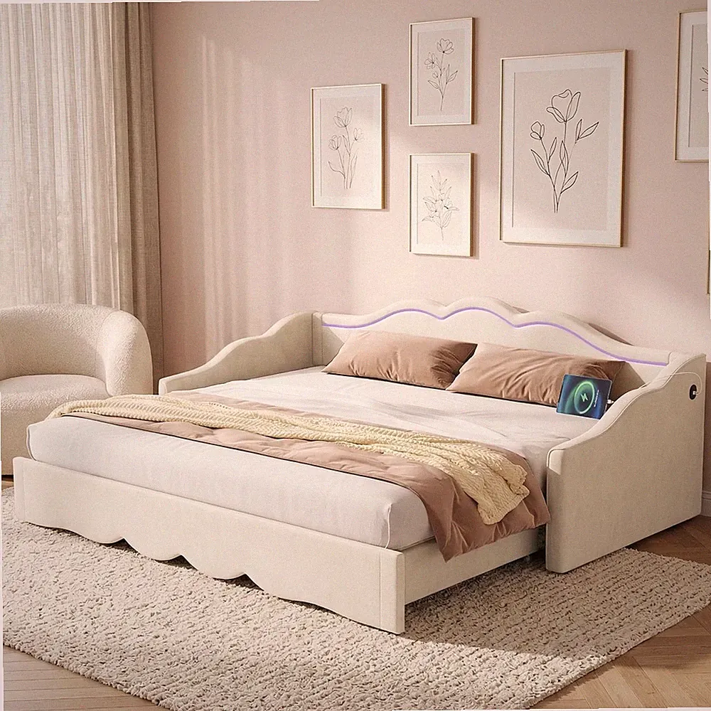 Polsterbett Schlafcouch 90/180x200 cm mit Ausziehbett,Bettgestell mit Lattenrost