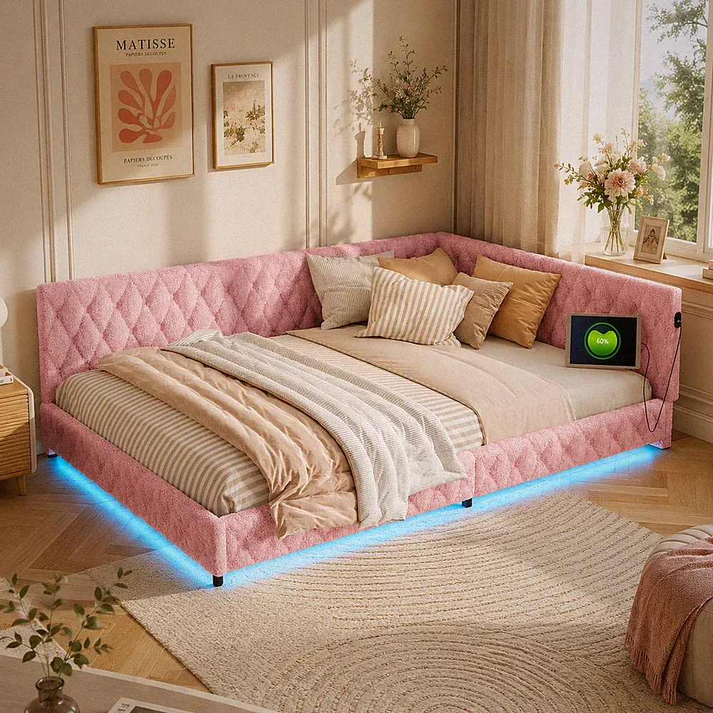 Polsterbett Schlafsofa 140x200 cm Tagesbett Doppelbett mit LED & USB-Ladestation