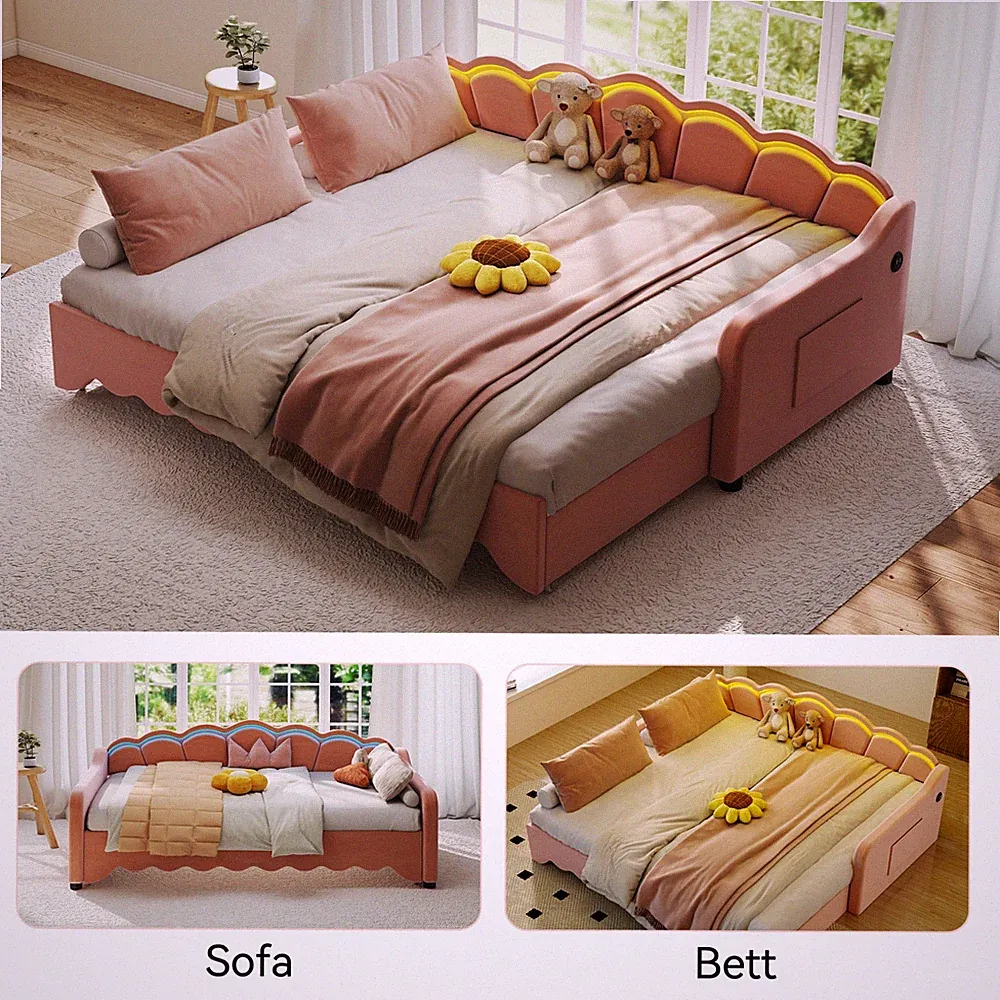 Polsterbett Schlafsofa 180x190 mit LED-Beleuchtung Holz Gästebett 90x190cm Bett