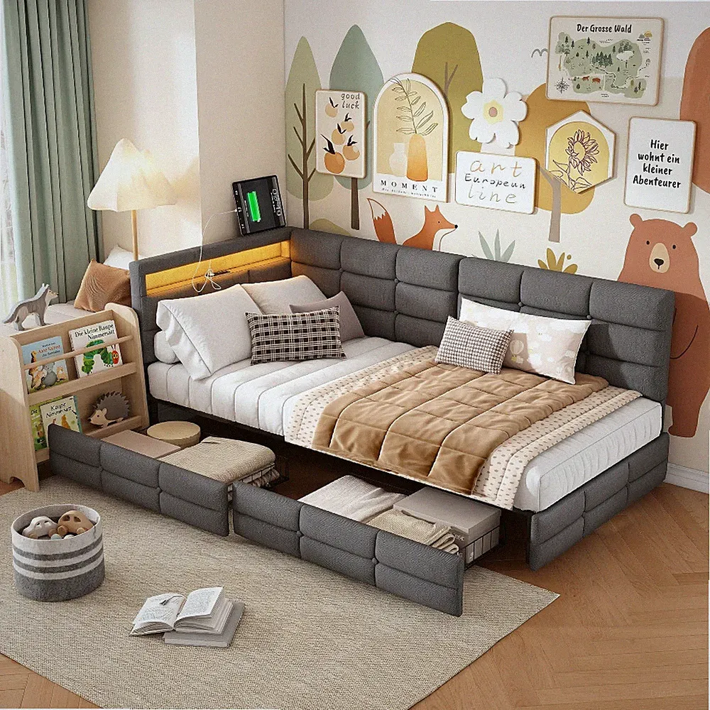 Polsterbett Schlafsofa 90x200cm mit LED-Beleuchtung und USB-Ladestation Stauraum