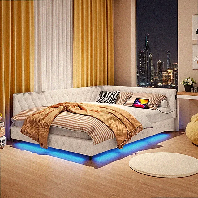 Polsterbett Schlafsofa Tagesbett 140x200 cm Lammwolle mit Lattenrost LED&USB