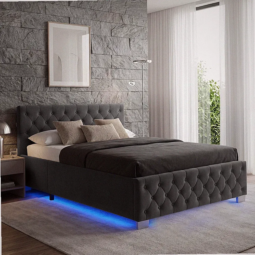 Polsterbett Schlafstelle Bett LED Leisten Stauraum inkl Lattenrost Gasdruckfeder