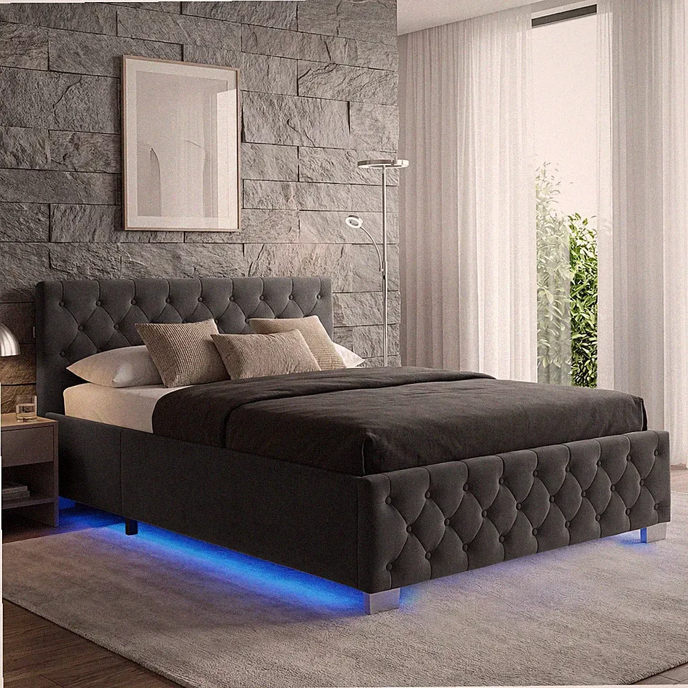 Polsterbett Schlafstelle Bett LED Leisten Stauraum inkl Lattenrost Gasdruckfeder