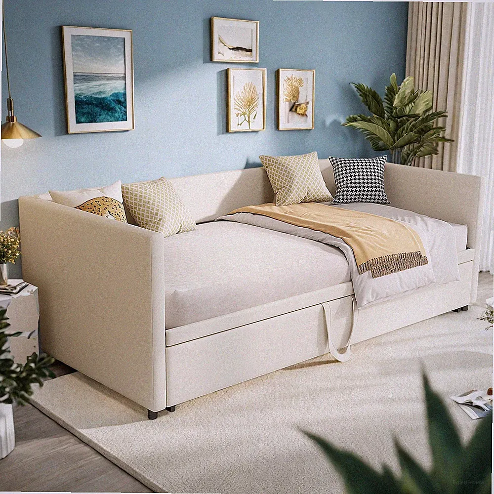 Polsterbett Sofabett:90/180x200 Gästebett Tagesbett-Bettgestell Ausziehbar Beige