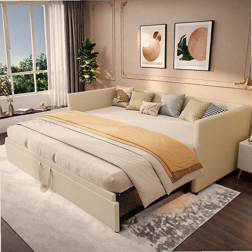 Polsterbett Sofabett：90/180x200-Gästebett-Tagesbett Bettgestell Ausziehbar Beige