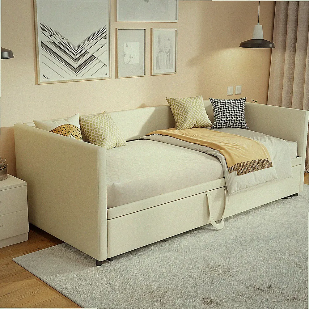 Polsterbett Sofabett 90/180x200 Tagesbett Bettgestell Ausziehbar Gästebett Beige