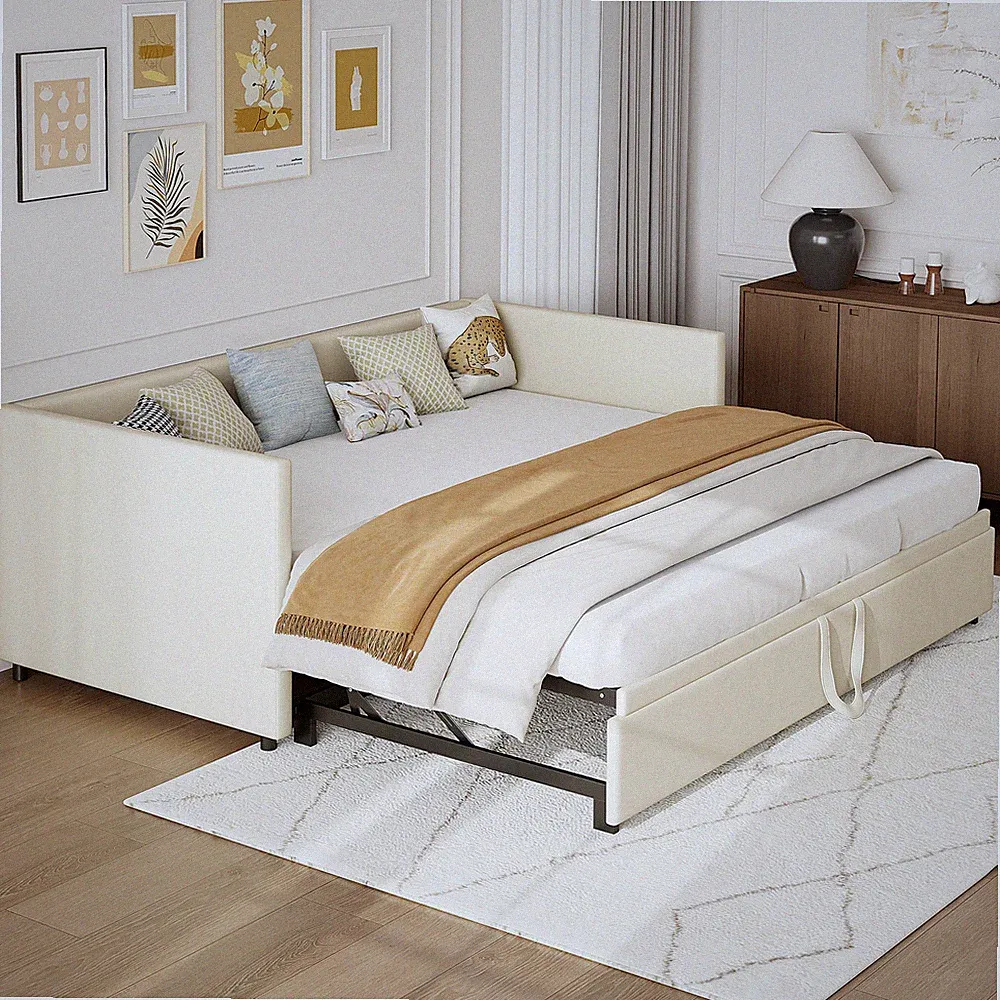 Polsterbett Sofabett 90/180x200 Tagesbett Gästebett Bettgestell Ausziehbar Beige