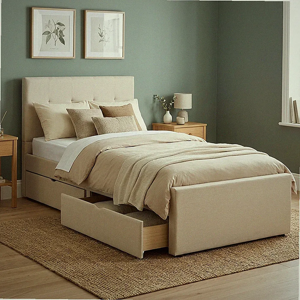 Polsterbett Stoff mit Lattenrost & Bettkasten 90–140 x200 Grau Beige Homestyle4u