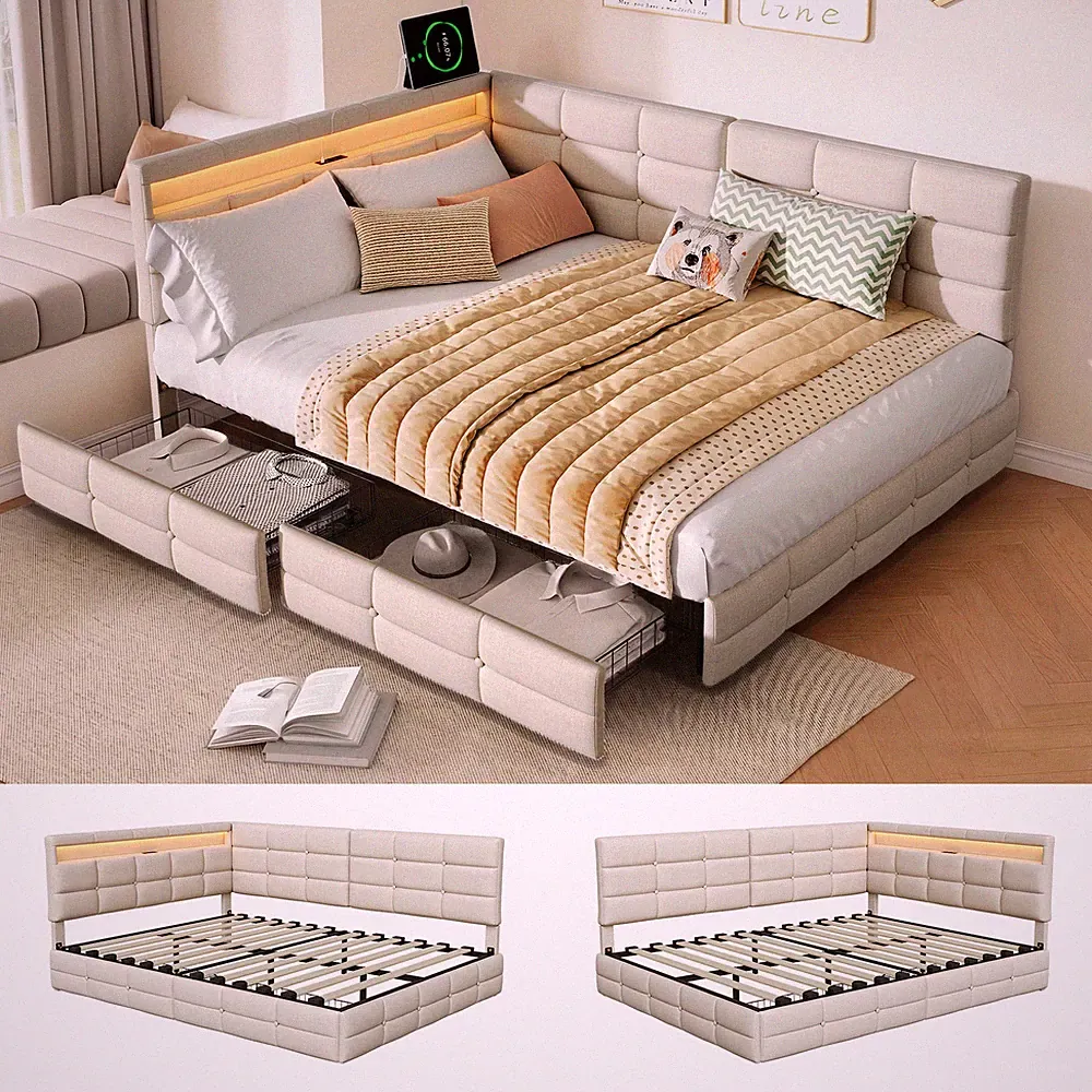 Polsterbett Tagesbett 140x200 Schlafsofa Doppelbett Gästebett LED USB Lattenrost