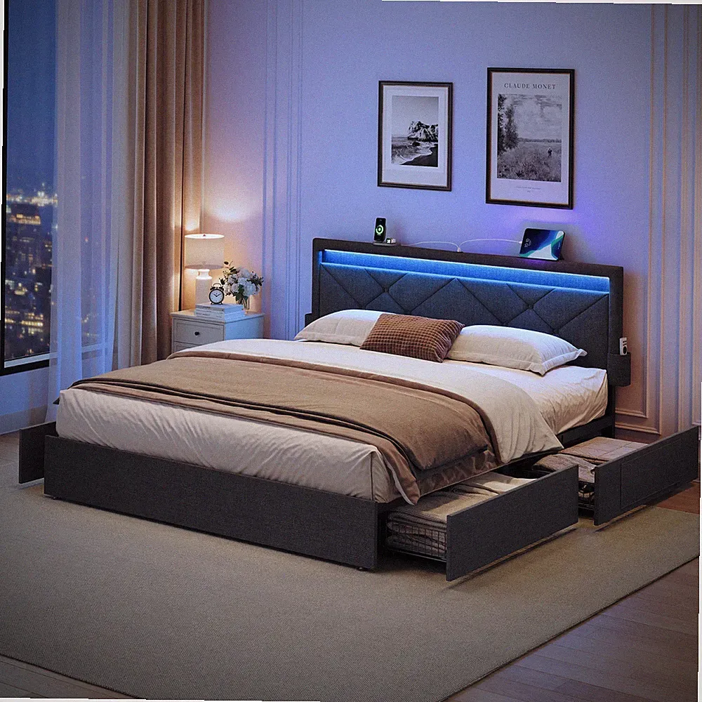 Polsterbett und 7-Zonen Taschenfederkernmatratze Set, mit LED, 4 Schubladen, USB