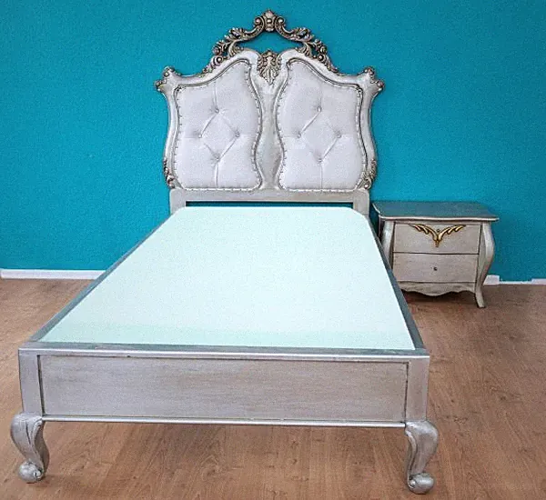 PRINZESSIN KINDER POLSTER BETT BETTGESTELL 100 X 200 & NACHTTISCH HOLZ SILBER
