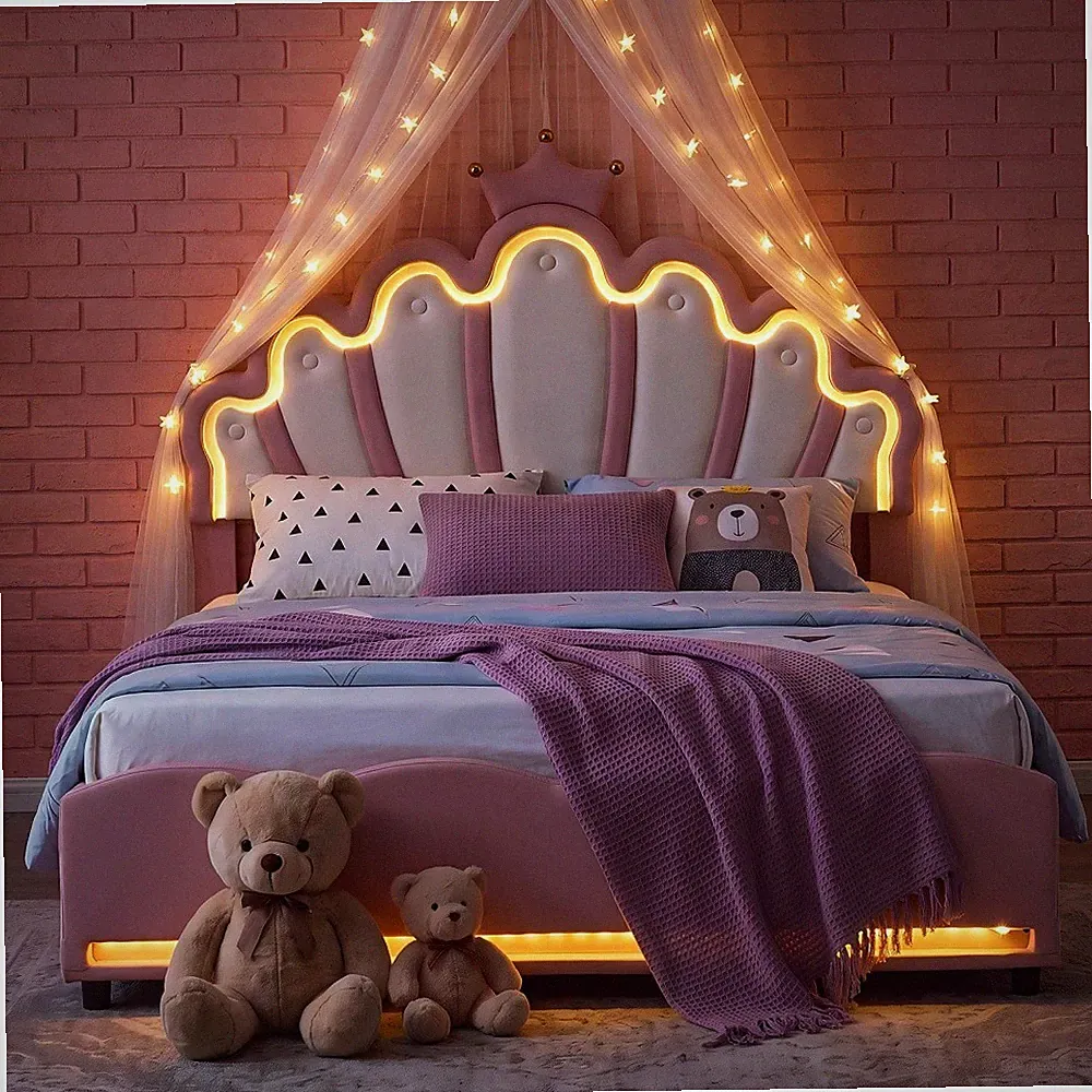 Prinzessin Kinderbett Mädchen mit RGB LED‑Beleuchtung Polsterbett mit Bettkasten