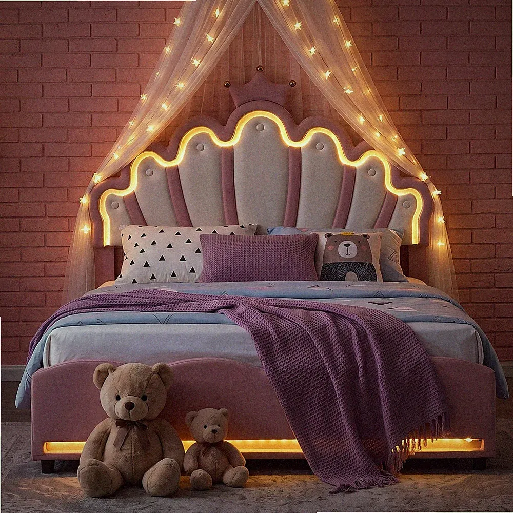 Prinzessin Kinderbett Mädchen mit RGB LED‑Beleuchtung Polsterbett mit Bettkasten