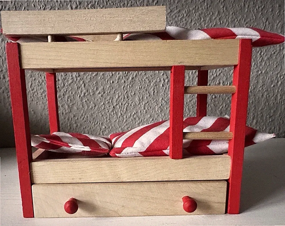 Puppe Stockbett 1:12 Etagenbett Holz Möbel Hochb. natur/rot Bettwäsche Schublade