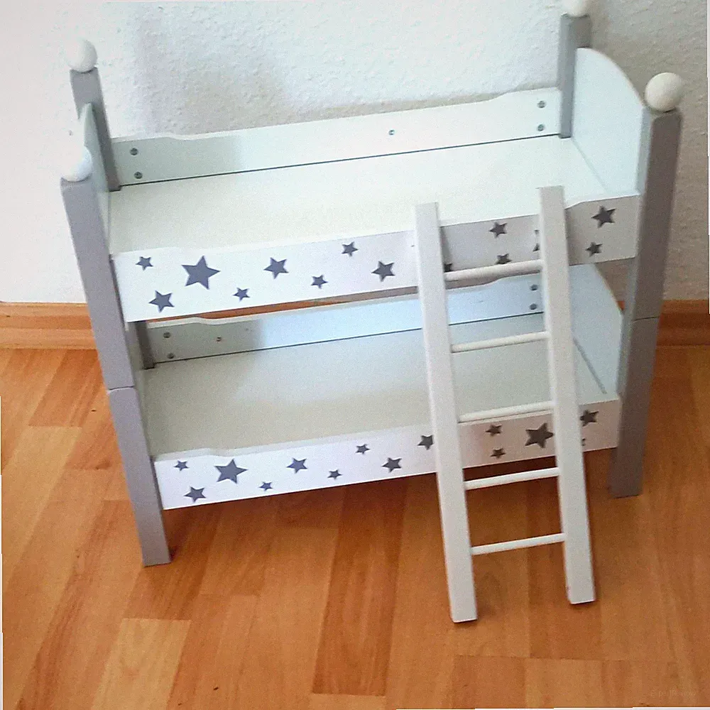 Puppen-Etagenbett aus Holz weiß/grau Sterne-Motiv rechteckig mit Leiter