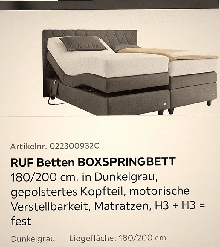RUF Betten Boxspringbett 180x200 Dunkelgrau motorisch verstellbar H3 022300932C