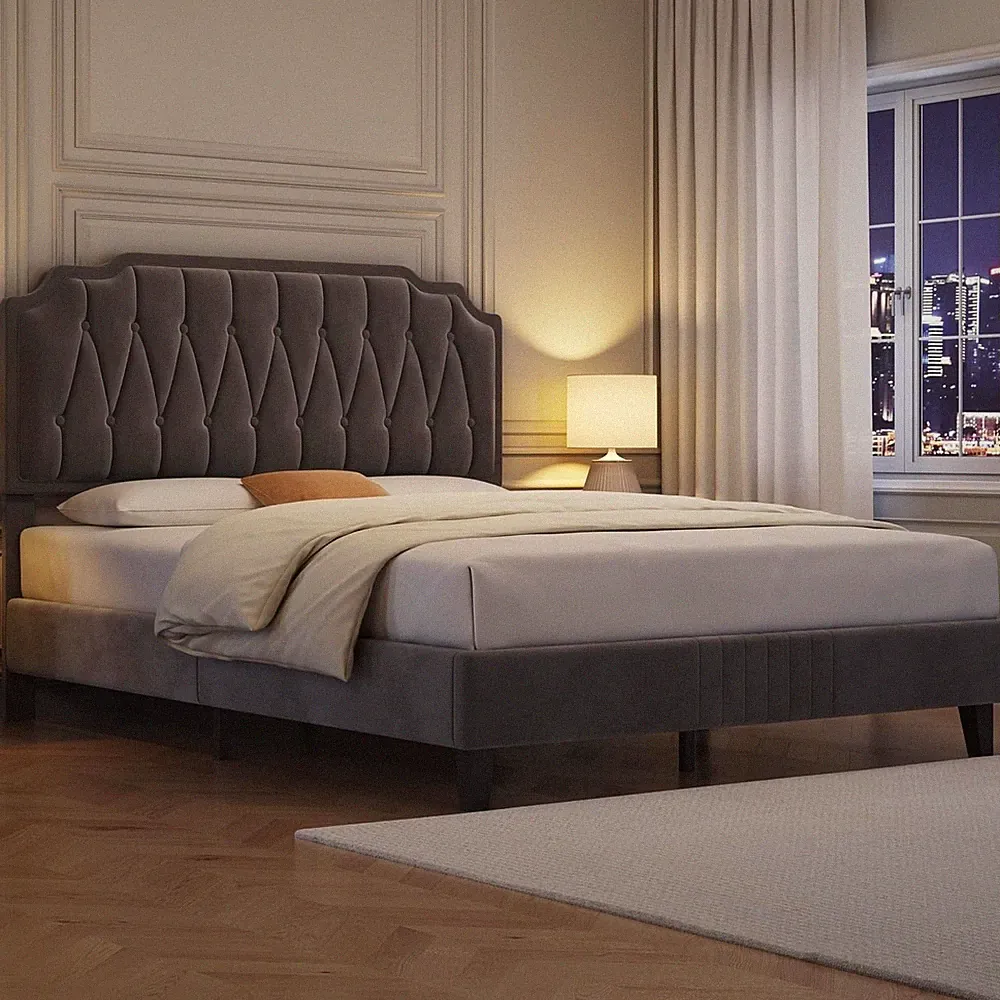 Samt-Doppelbett 140*200cm Verstellbares Kopfteil Gepolsterter Stoff + Lattenrost
