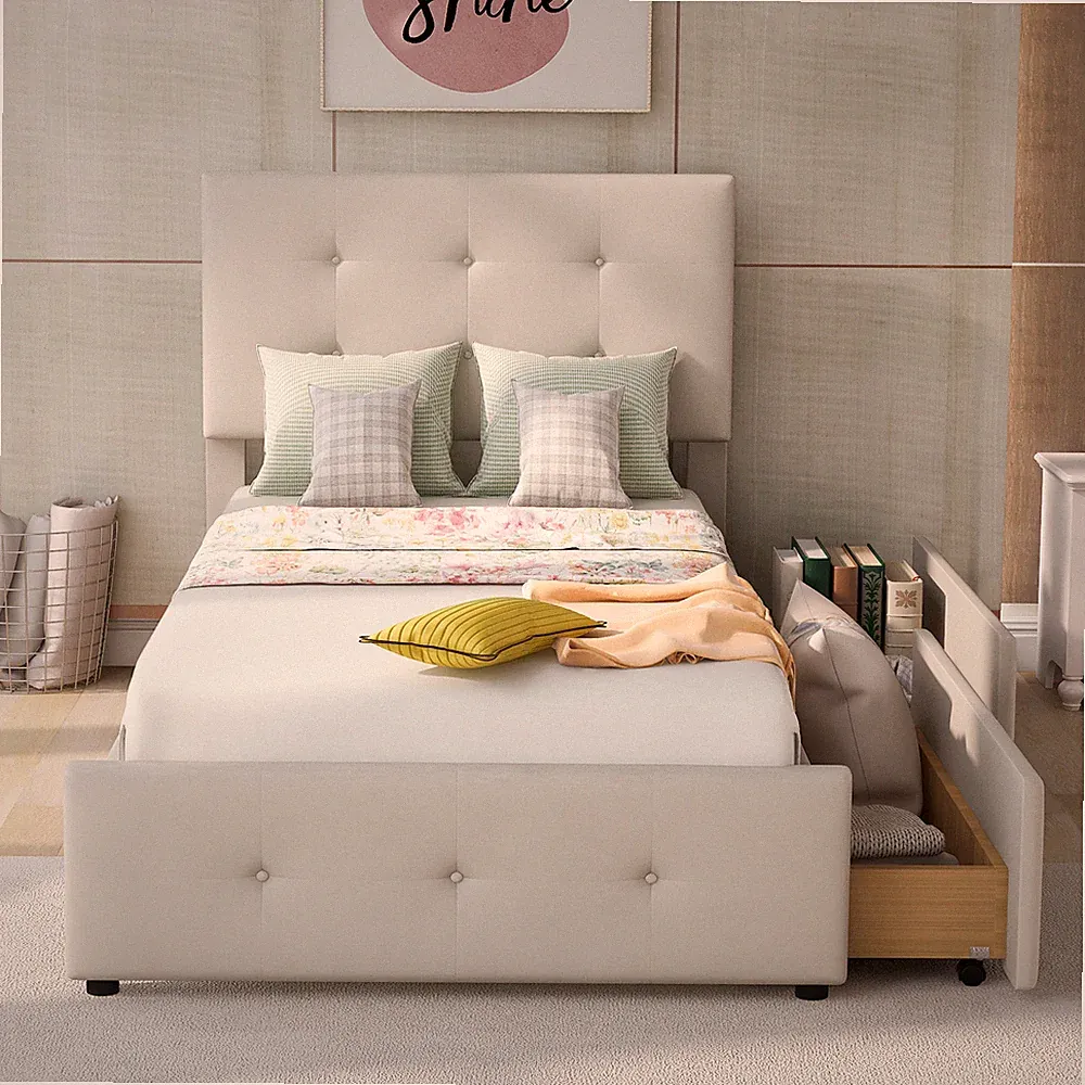 Samt Polsterbett 2 Schublade 90x200cm Bettgestelle Einzelbett Stauraumbett Beige
