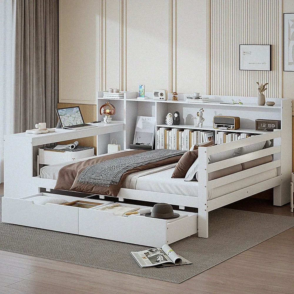 Schlafsofa 140x200cm Massivholz mit Schreibtisch Regal Schubladen USB Weiß