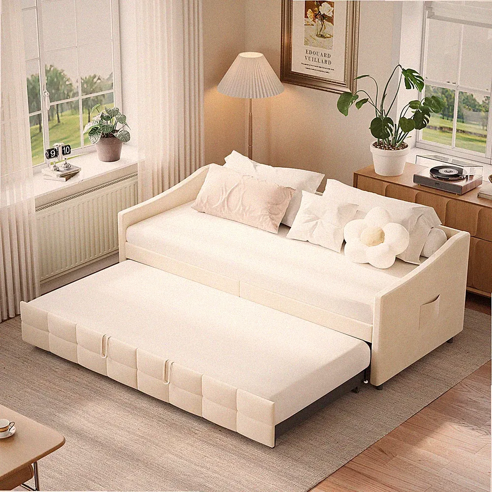 Schlafsofa 90/180 x 200 cm Schlafsofa mit Seitentasche Tagesbett Ausziehbar Grau