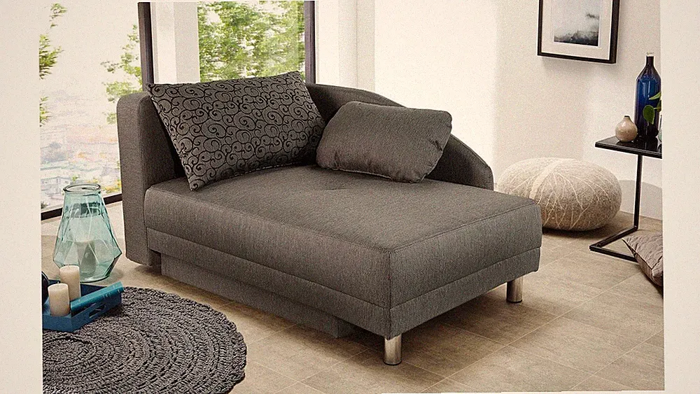 Schlafsofa Funktionssofa Roy Recamiere in Stoff braun mit Bettkasten und Kissen