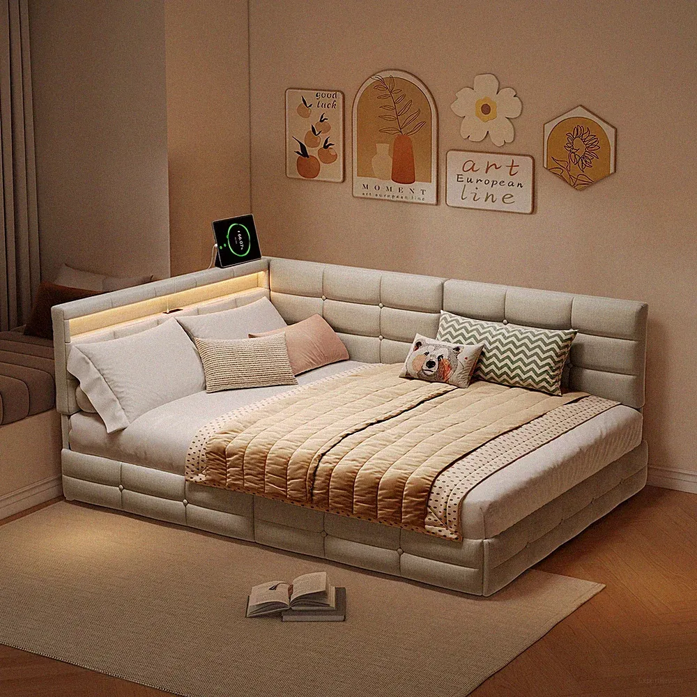 Schlafsofa Polsterbett 140x190cm mit LED,USB,Bettgestell mit Lattenrost Stauraum