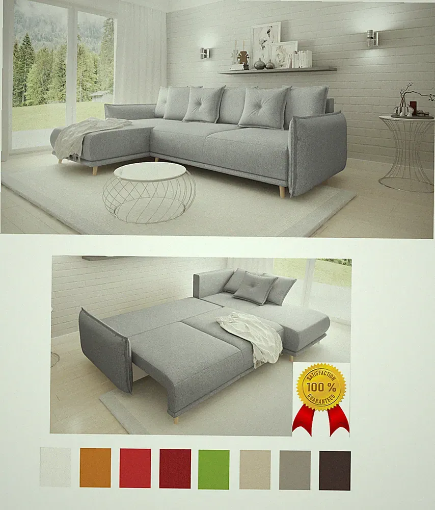 % Schlafsofa Skandinavisches Design Ecksofa BETT Stauraum Grau BuchenHolzfüße !