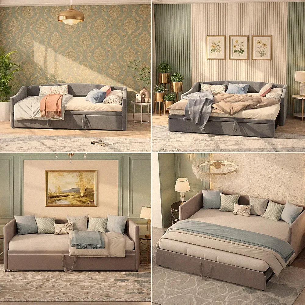 Schlafsofa Tagesbett 90/180x200 Sofabett Polsterbett Bettgestell mit Ausziehbett