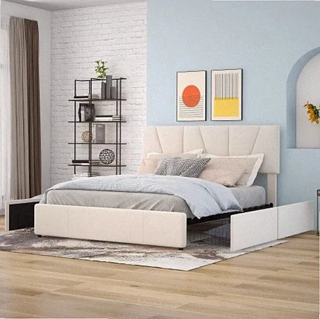 Schlafzimmer Bett 140x200cm mit Stauraum grau beige 4 Schubladen Polster Beige