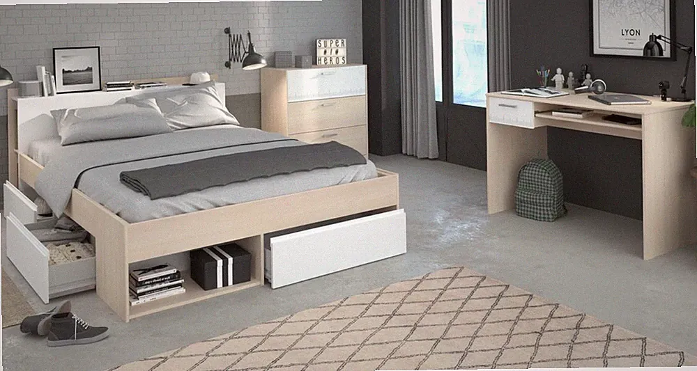 Schlafzimmer Möbel komplett Set weiß und Akazie Komplettzimmer Parisot Most59