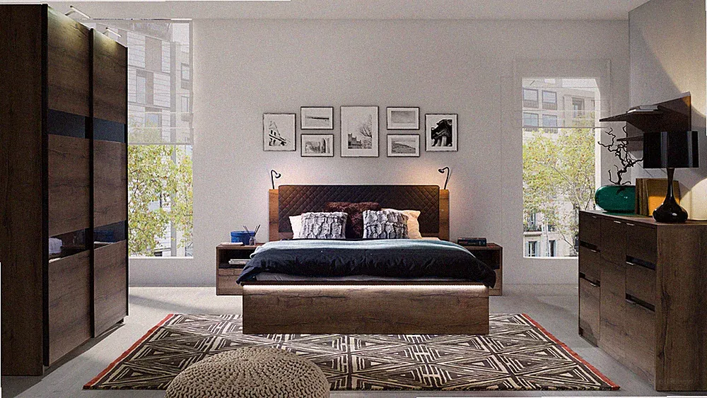 Schlafzimmer Set DEWO Bett Kommod Nachttische Kleiderschrank 6 tlg. robust